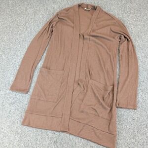 Goldspark‎ Womens Cardigan Sweater M Brown Ribbed Knit Open Front Long Pockets